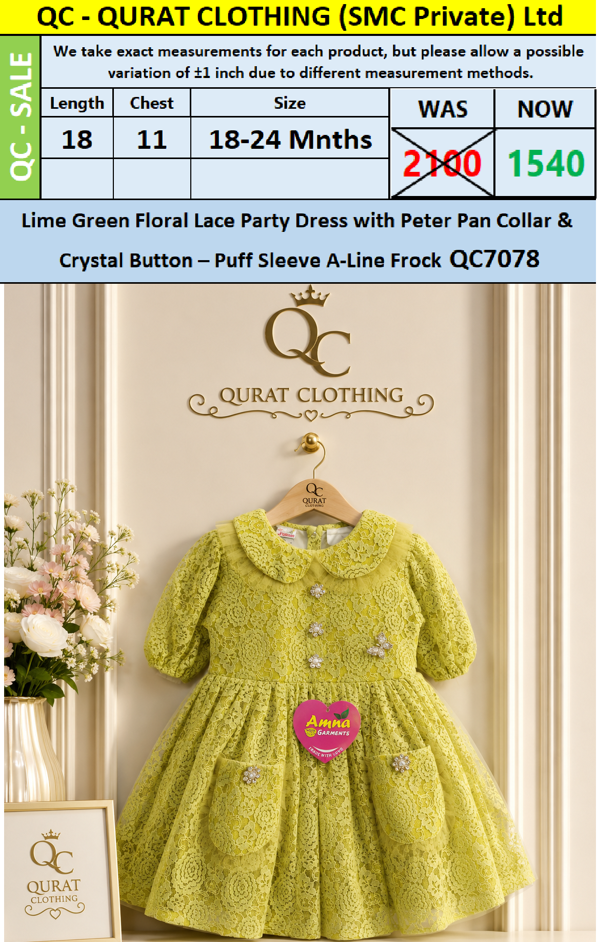 Lime Green Floral Lace Party Dress with Peter Pan Collar & Crystal Button – Puff Sleeve A-Line Frock QC7078 - QC7078