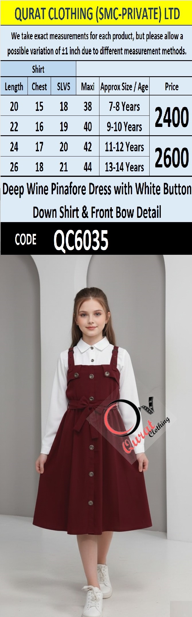 Deep Wine Pinafore Dress Two Piece Set with White Button-Down Shirt & Front Bow Detail – QC6035 - QC6035