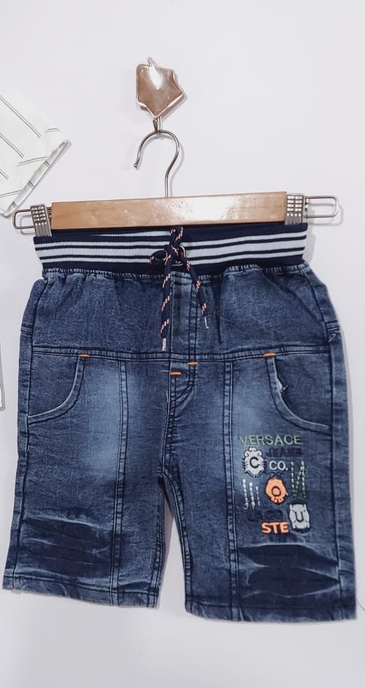 Grey Stripe Cotton “VERSACE” Print Shirt with Blue Denim Shorts Boys Summer Set QC7049 -  QC7049