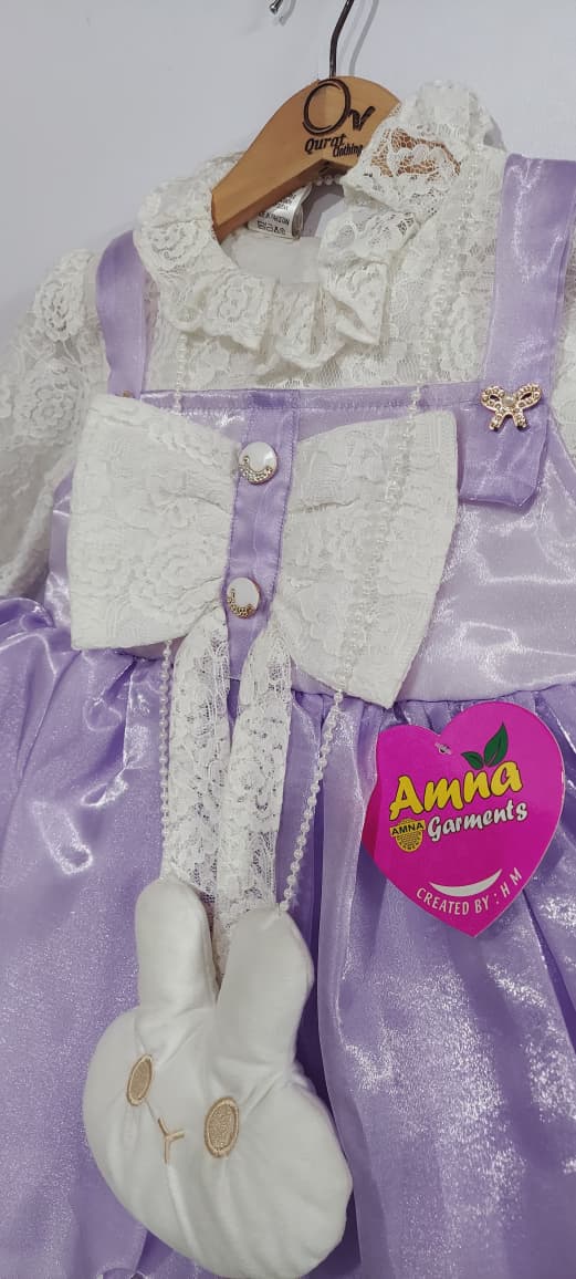 Lavender Organza Party Dress with White Lace Top, Bow Detail & Bunny Pouch – Princess Flare Frock QC7080 - QC7080