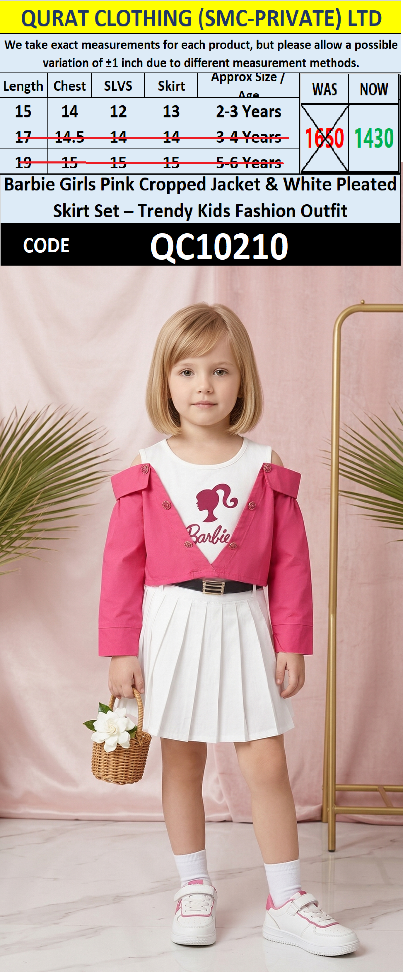 Barbie Girls Pink Cropped Jacket & White Pleated Skirt Set – Trendy Kids Fashion Outfit – QC10210 - QC10210