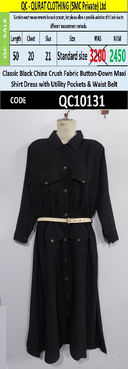 Classic Black China Crush Fabric Button-Down Maxi Shirt Dress with Utility Pockets & Waist Belt – QC10131 - QC10131