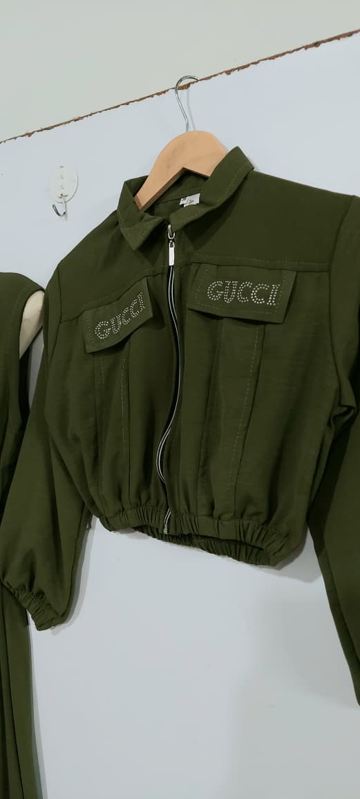 Olive Green 2-Piece Zip Jacket & Elastic Waist Maxi Dress Set with Embellished Pocket Wording for Girls - QC7061 - QC7061