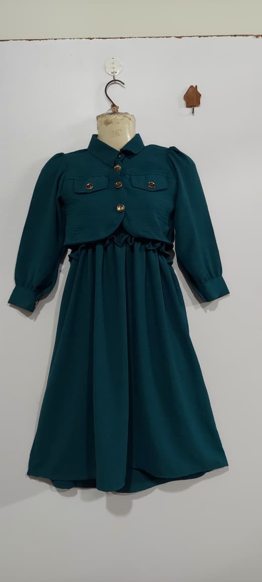 Girls Bottle Green Smocked Chiffon Maxi Dress with Cropped Button-Down Jacket – 2 Piece Formal Set QC7063 - QC7063