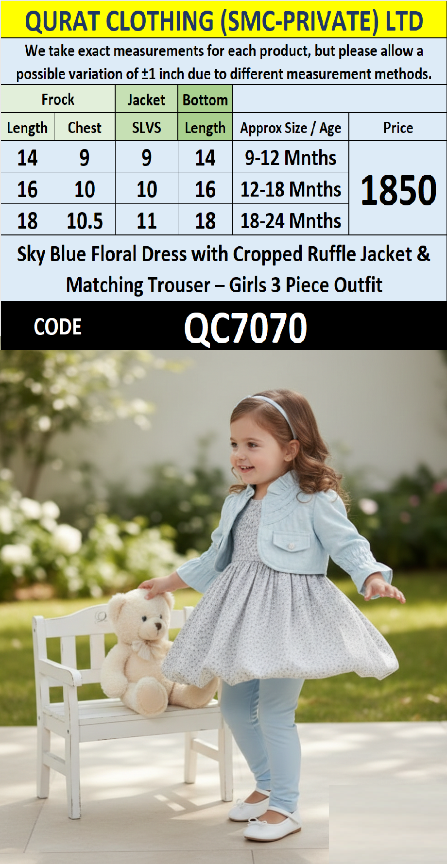 Sky Blue Floral Dress with Cropped Ruffle Jacket & Matching Trouser – Girls 3 Piece Outfit QC7070 - QC7070