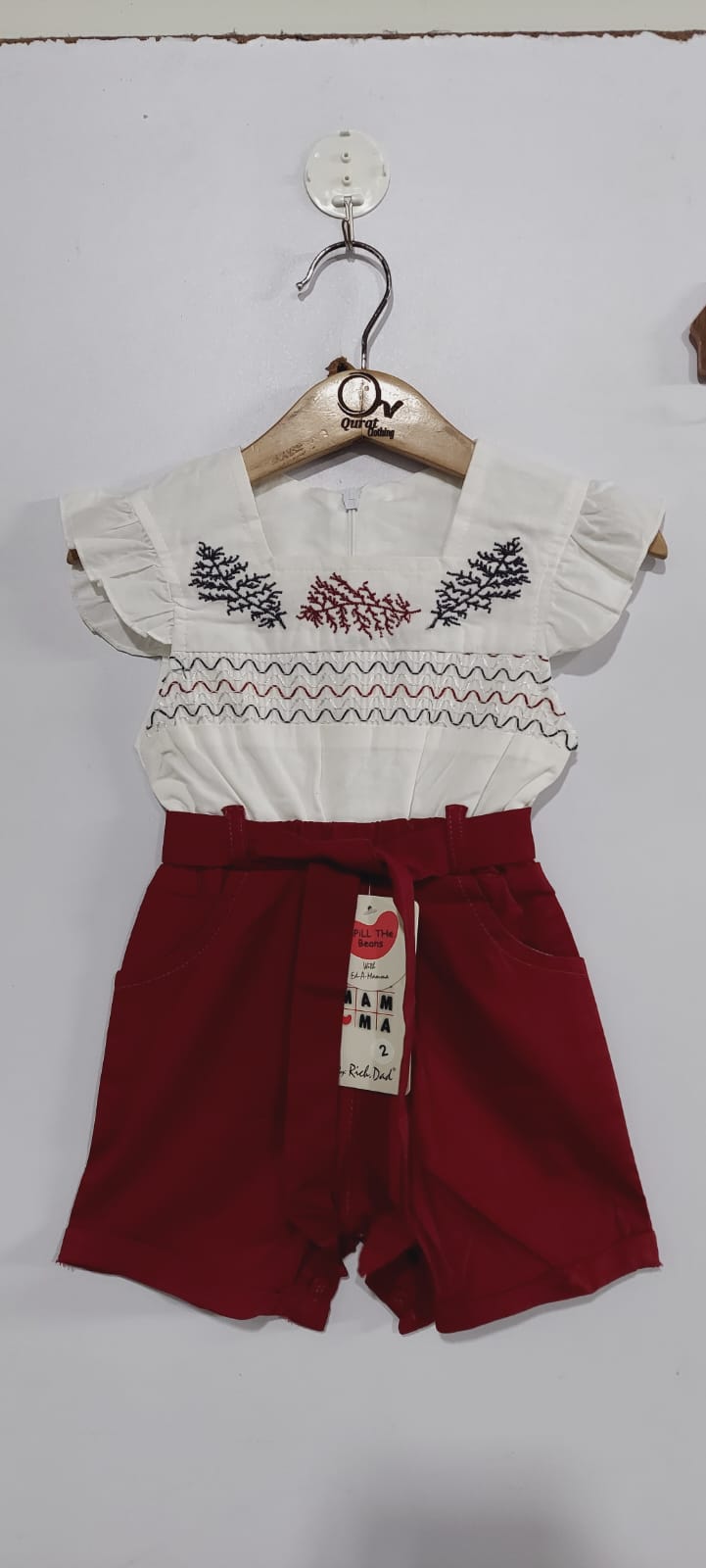 Off-White & Maroon Cotton Embroidered Girls Jumpsuit – Flutter Sleeve Playsuit QC7071 - QC7071