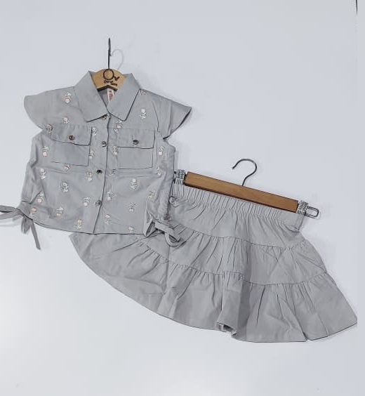 Girls Grey Embroidered Shirt & Frill Skirt 2-Piece Outfit – Stylish Kids Summer Dress Set – QC10214 - QC10214