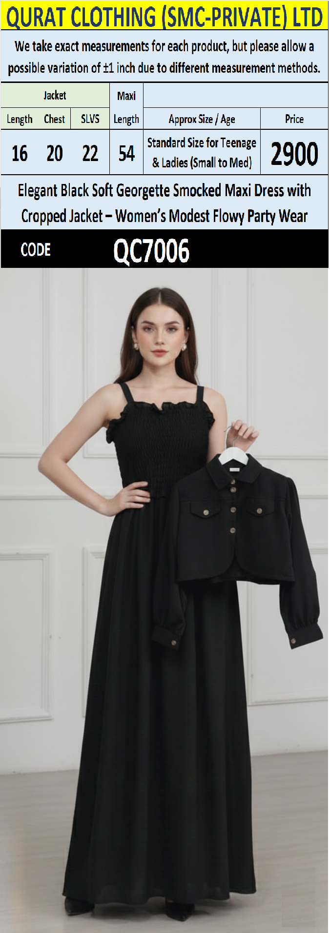 Elegant Black Soft Georgette Smocked Maxi Dress with Cropped Jacket – Women’s Modest Flowy Party Wear – QC7006 - QC7006