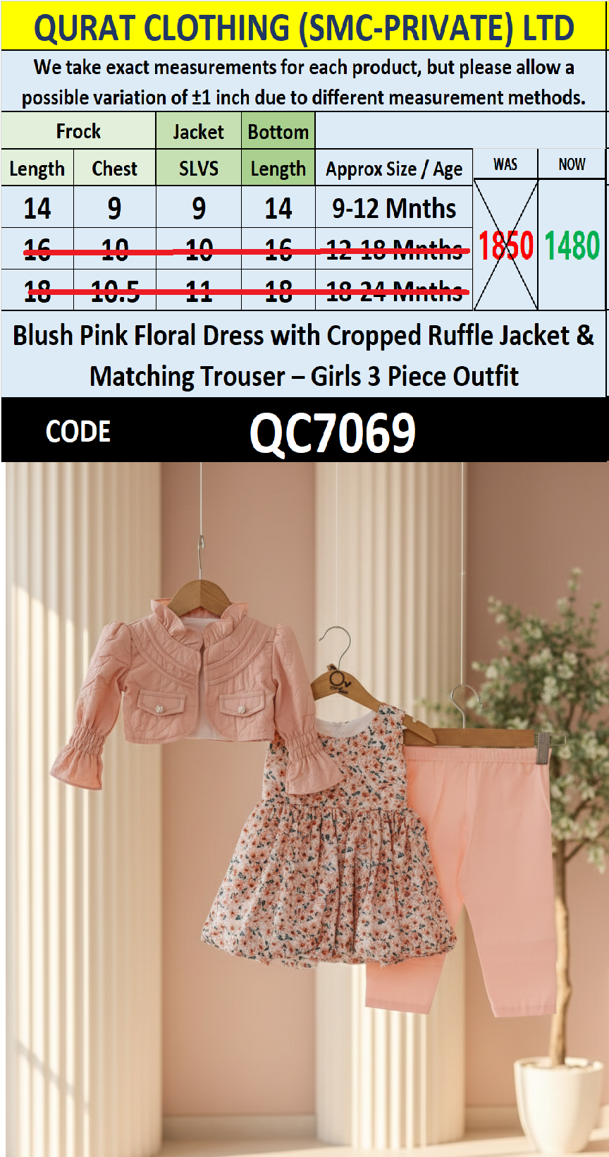 Blush Pink Floral Dress with Cropped Ruffle Jacket & Matching Trouser – Girls 3 Piece Outfit QC7069 - QC7069