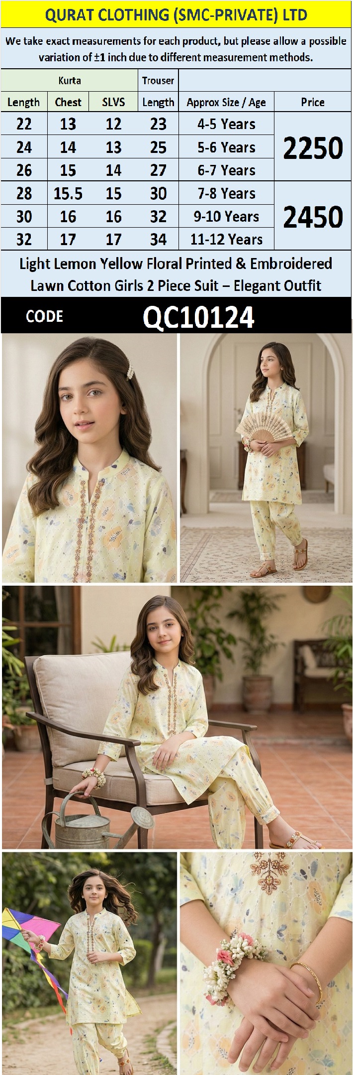 Light Lemon Yellow Floral Printed & Embroidered Lawn Cotton Girls 2 Piece Suit – Elegant Outfit QC10124 - QC10124