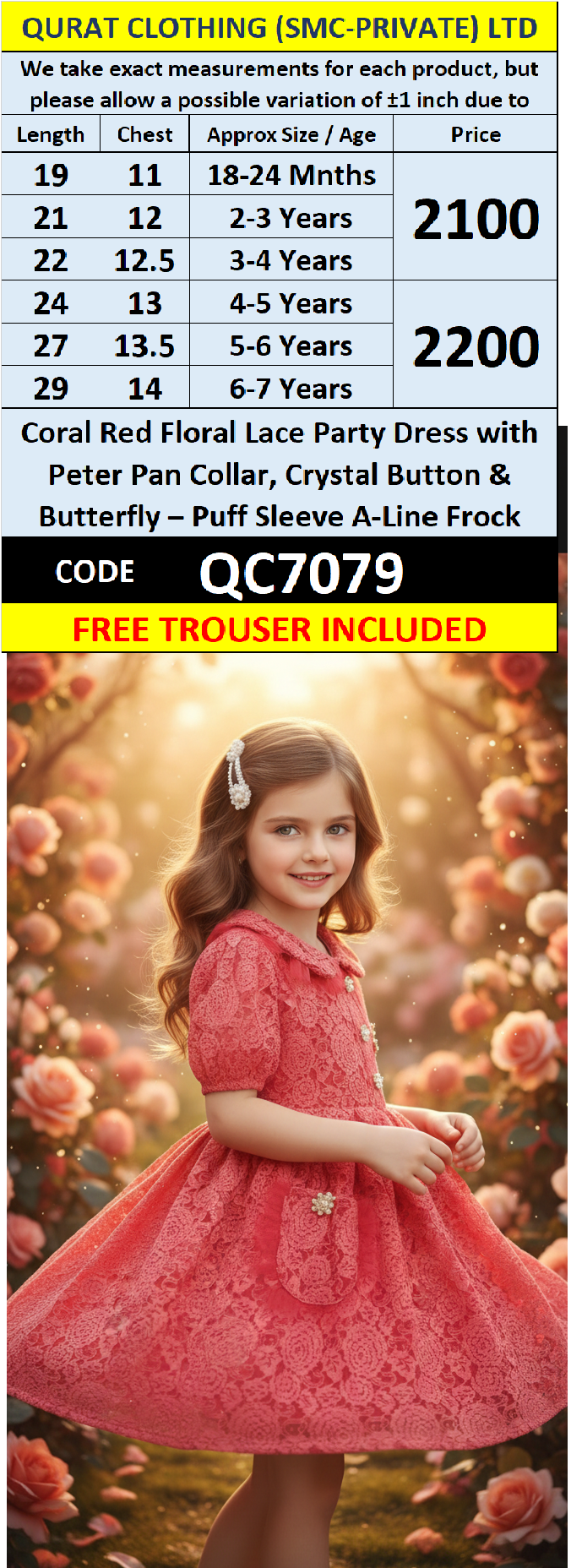 Coral Red Floral Lace Party Dress with Peter Pan Collar, Crystal Button & Butterfly – Puff Sleeve A-Line Frock QC7079 - QC7079