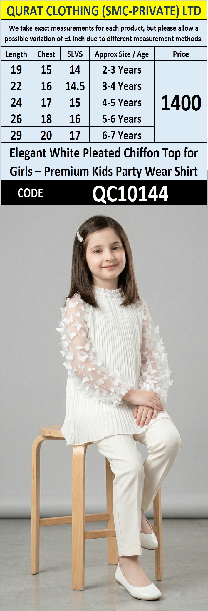 Elegant White Pleated Chiffon Top for Girls – Premium Kids Party Wear Shirt QC10144 - QC10144