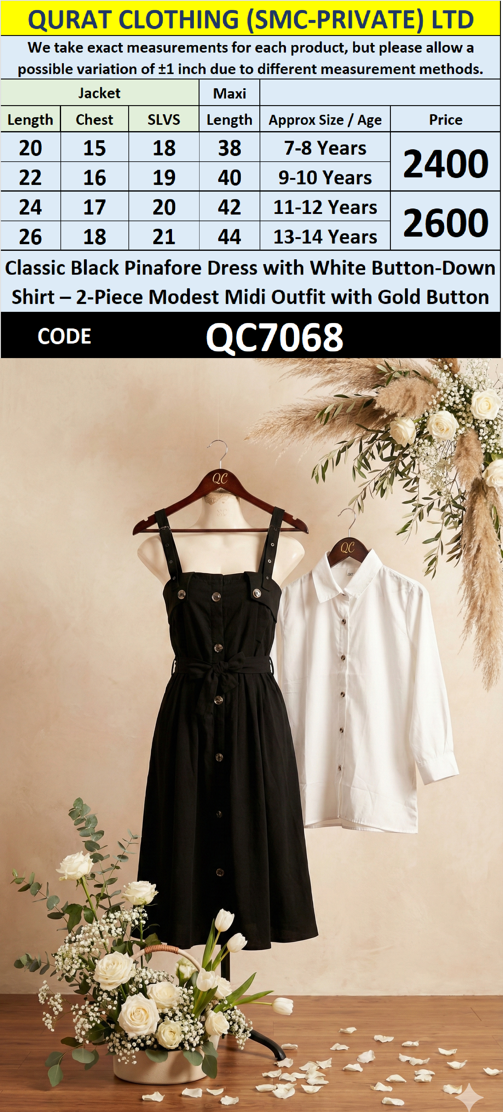 Classic Black Pinafore Midi Dress with White Button-Down Shirt Gold Button Detail – 2-Piece Modest Outfit – QC7068 - QC7068