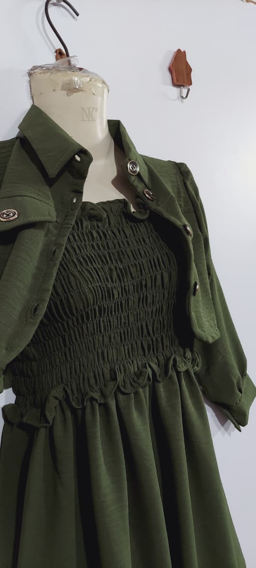 Girls Olive Green Smocked Chiffon Maxi Dress with Cropped Button-Down Jacket – 2 Piece Formal Set QC7064 - QC7064