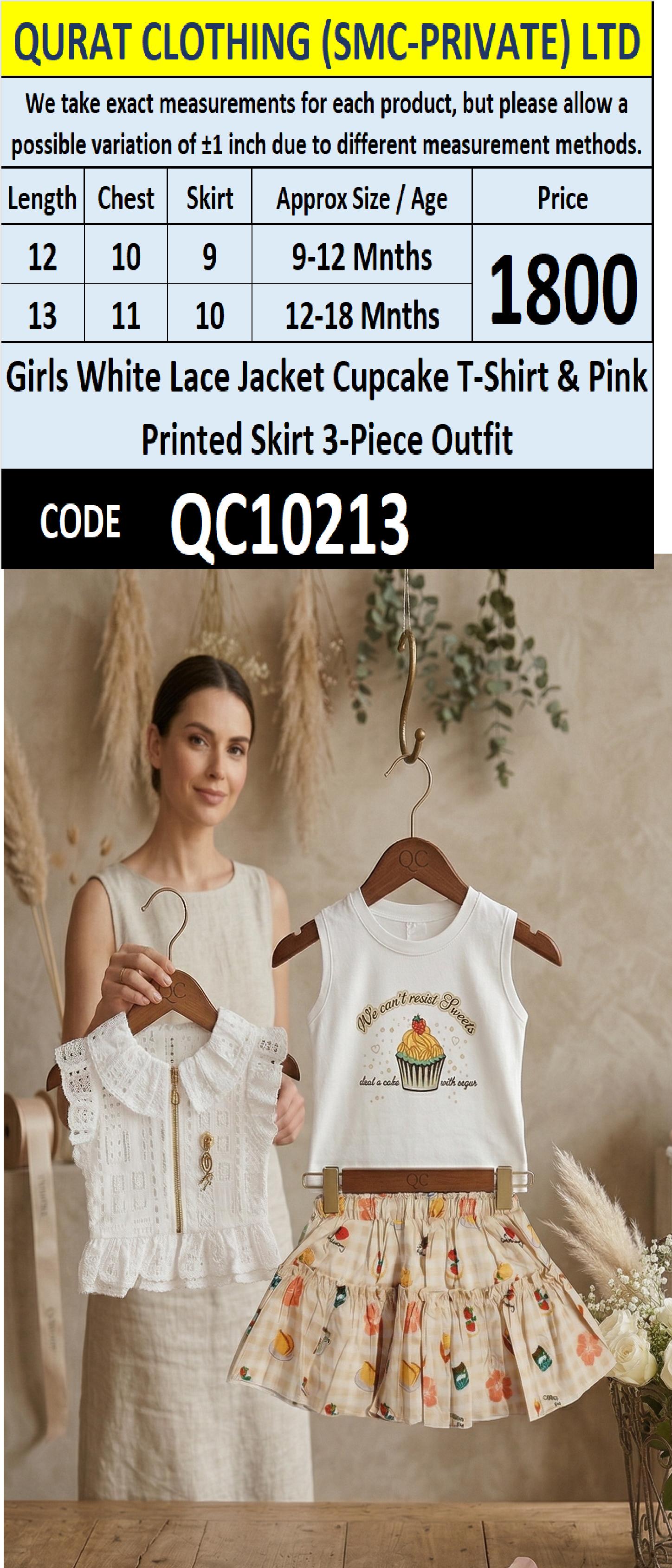 Girls White Lace Jacket Cupcake T-Shirt & Pink Printed Skirt 3-Piece Outfit – QC10213 - QC10213