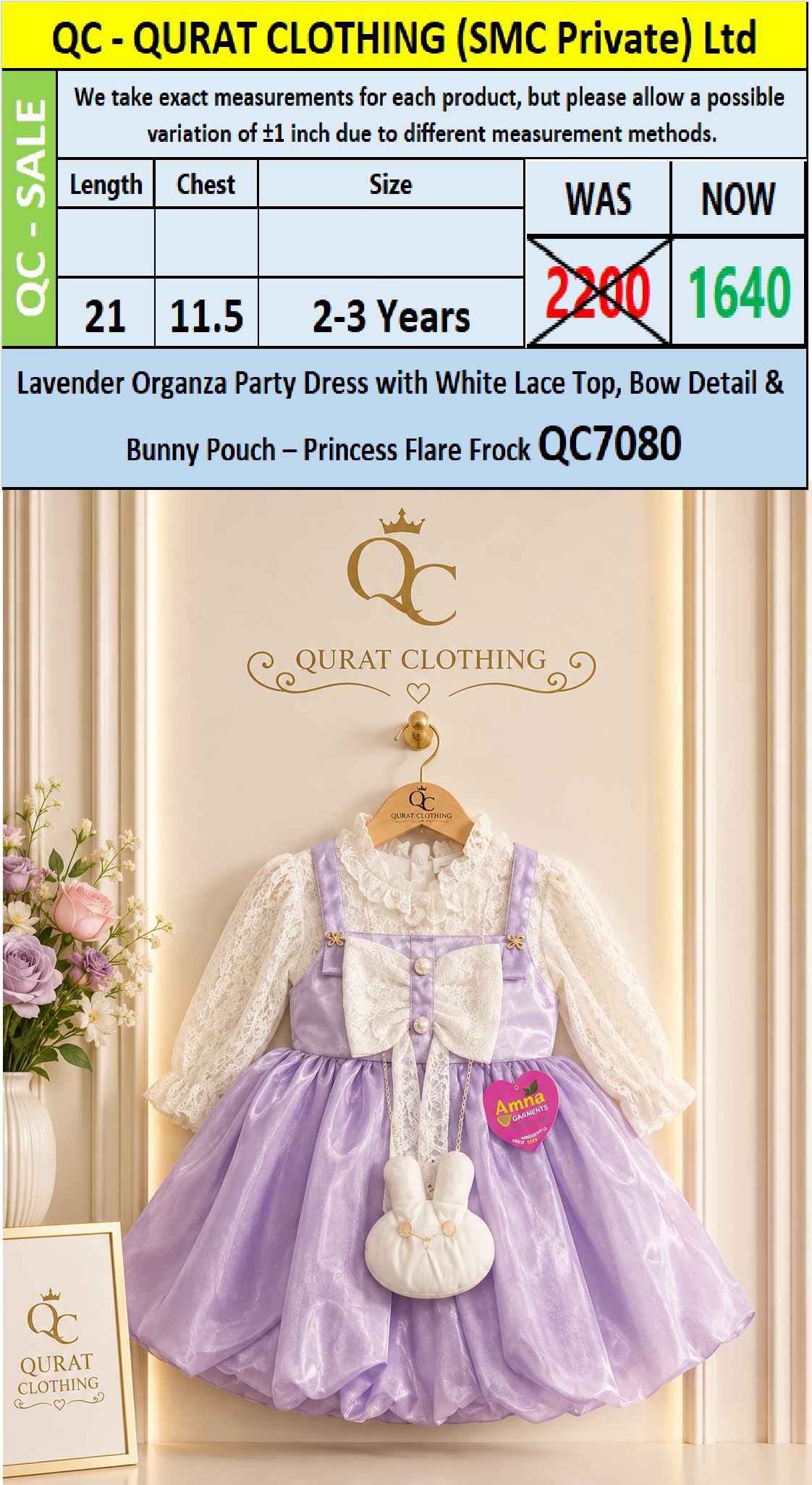 Lavender Organza Party Dress with White Lace Top, Bow Detail & Bunny Pouch – Princess Flare Frock QC7080 - QC7080