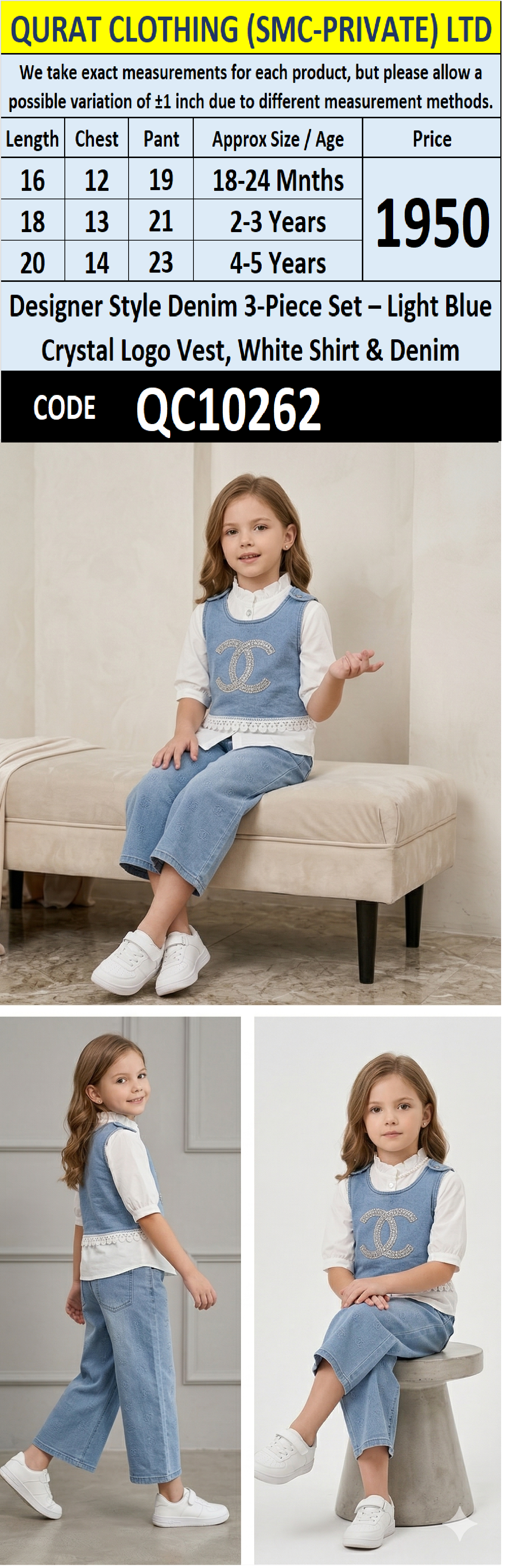 Designer Style Denim 3-Piece Set – Light Blue Crystal Logo Vest, White Shirt & Denim – QC10262 - QC10262