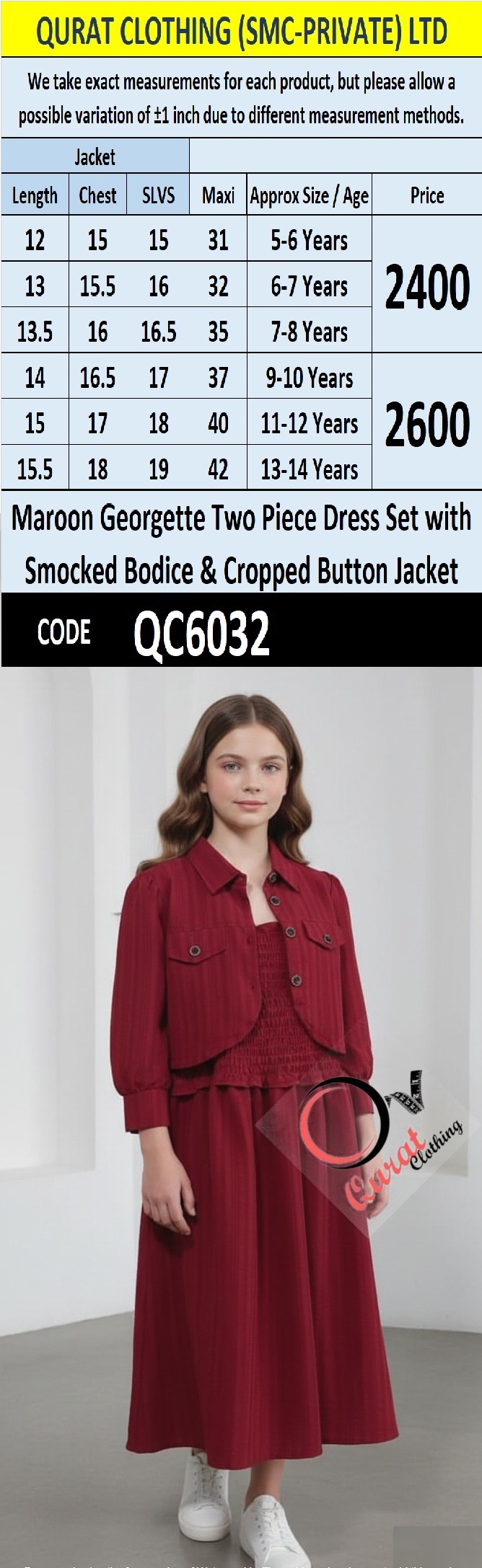Maroon Georgette Two Piece Dress Set with Smocked Bodice & Cropped Button Jacket – QC6032 - QC6032