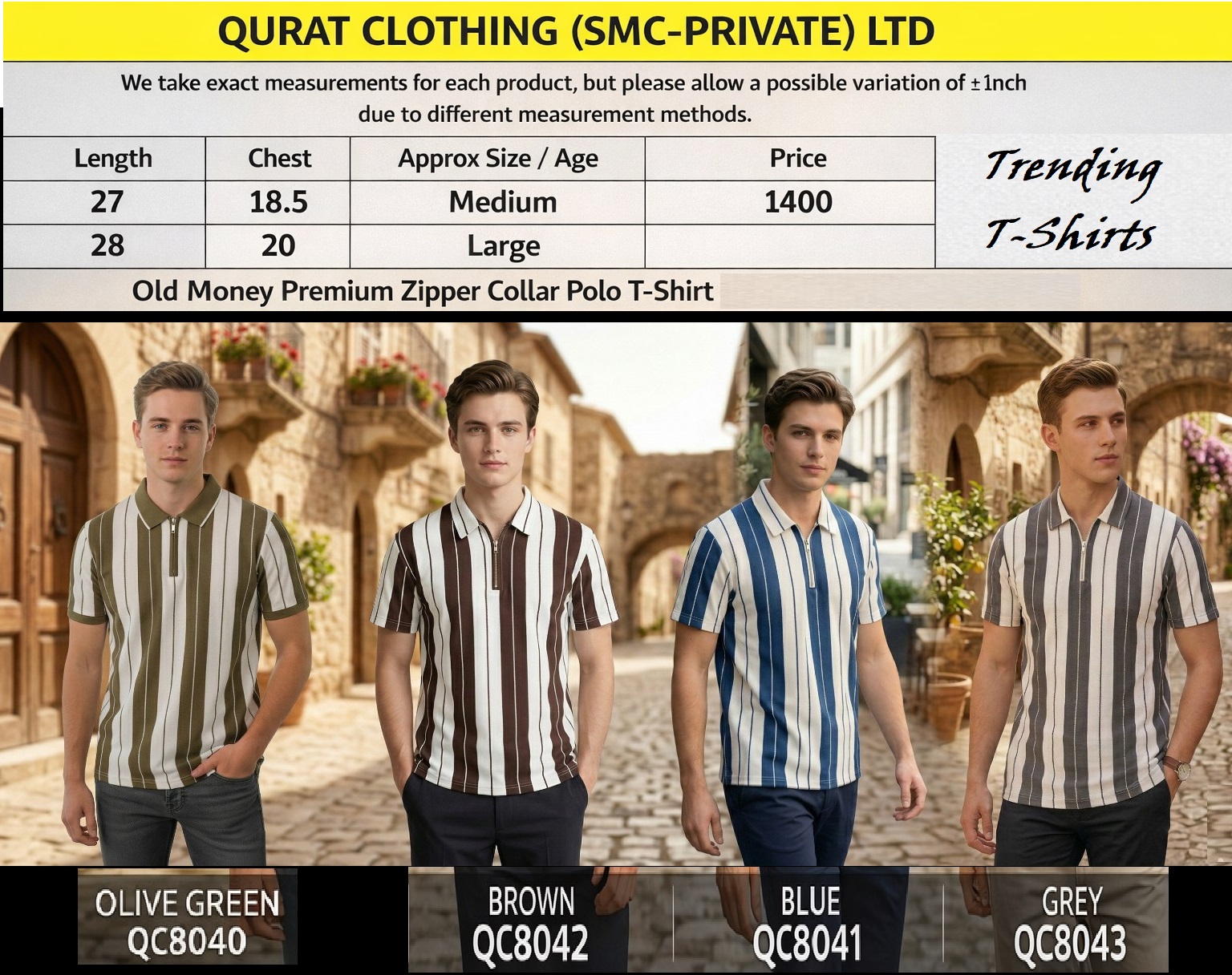 Old Money Grey Stripe Stripe Polo T-Shirt – Premium Zipper Collar Fashion QC8043 - QC8043