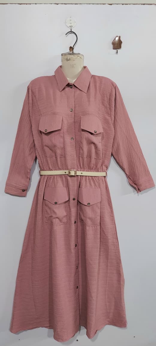 Dusty Pink China Crush Fabric Button-Down Maxi Shirt Dress with Utility Pockets & Waist Belt – QC10129 - QC10129