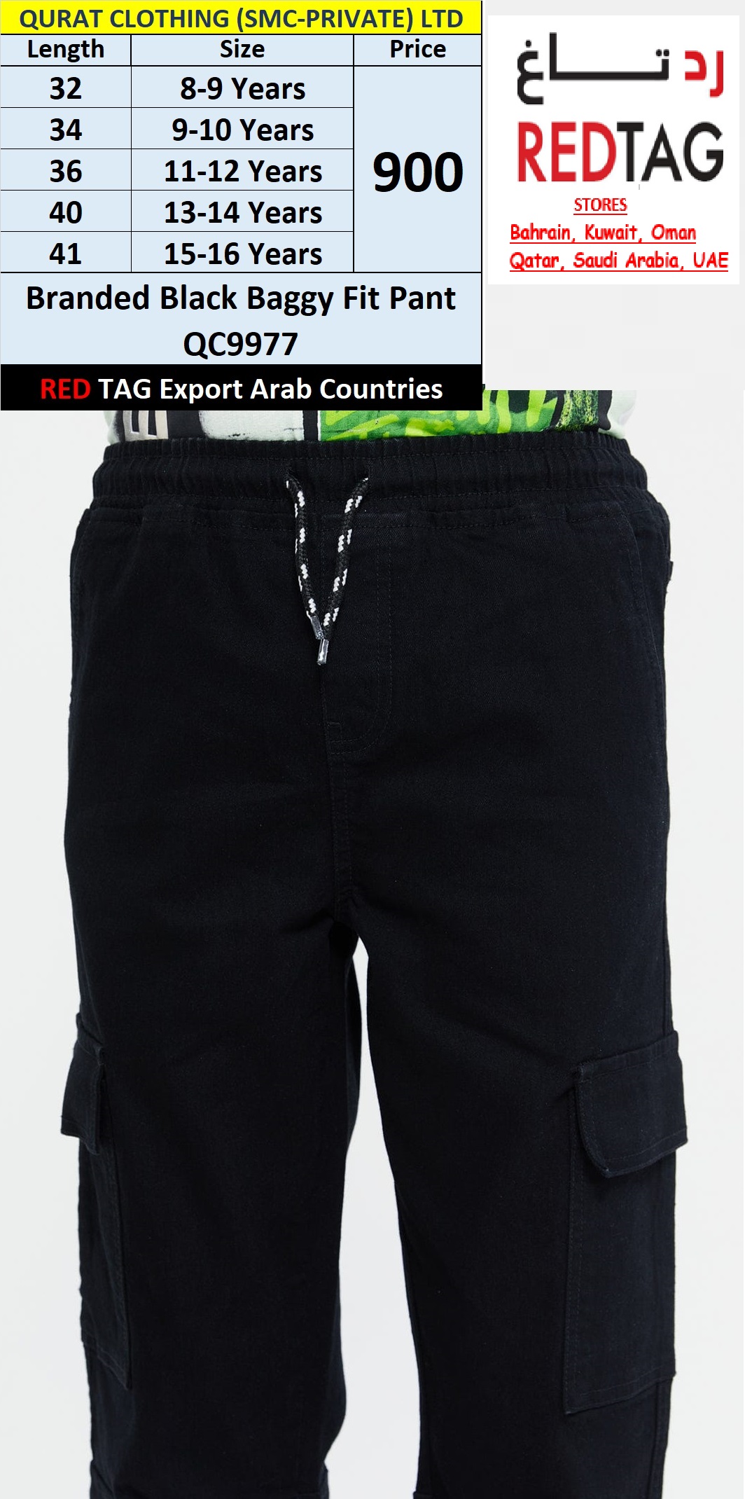 RED TAG Brand Black Baggy Fit Pant QC9977, Export Arab Countries - QC9977