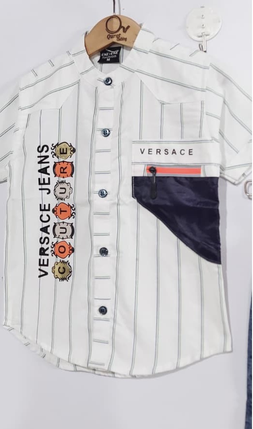 Grey Stripe Cotton “VERSACE” Print Shirt with Blue Denim Shorts Boys Summer Set QC7049 -  QC7049