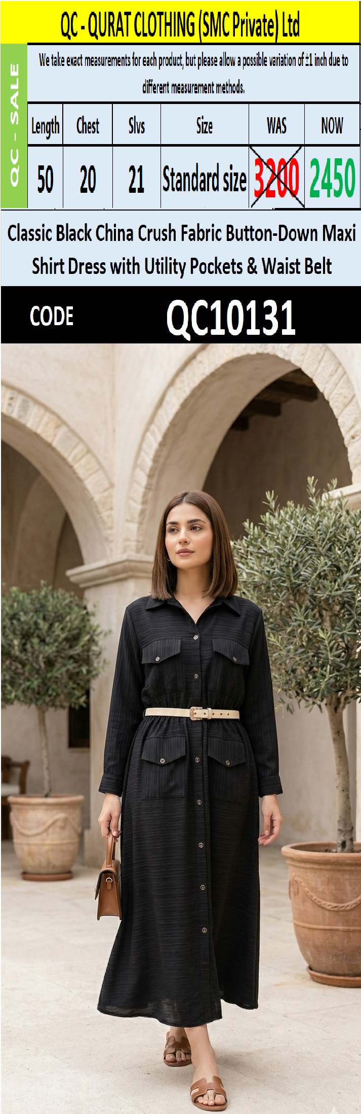 Classic Black China Crush Fabric Button-Down Maxi Shirt Dress with Utility Pockets & Waist Belt – QC10131 - QC10131