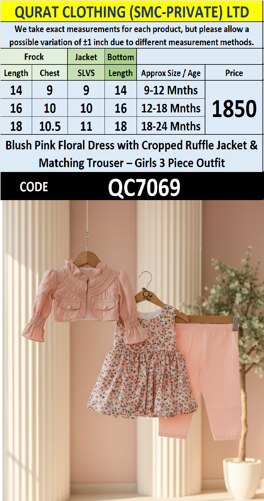 Blush Pink Floral Dress with Cropped Ruffle Jacket & Matching Trouser – Girls 3 Piece Outfit QC7069 - QC7069