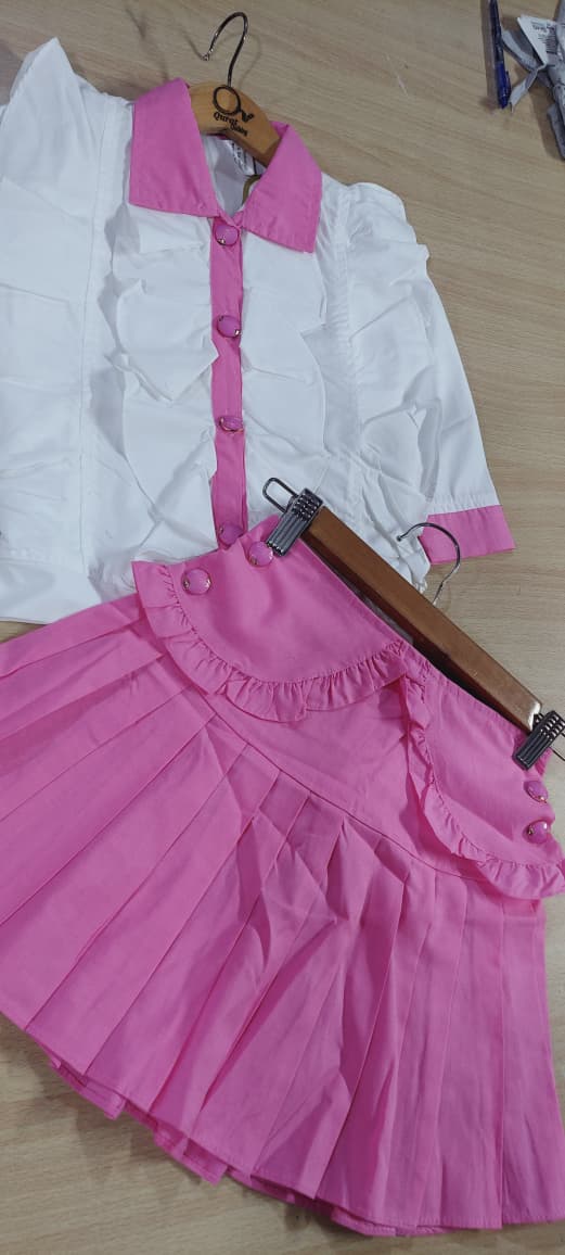 Girls Embroidered Collar Shirt & Pink Floral Skirt 2-Piece Outfit – Cute Kids Summer Dress – QC10218 - QC10218