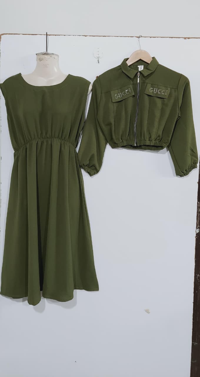 Olive Green 2-Piece Zip Jacket & Elastic Waist Maxi Dress Set with Embellished Pocket Wording for Girls - QC7061 - QC7061