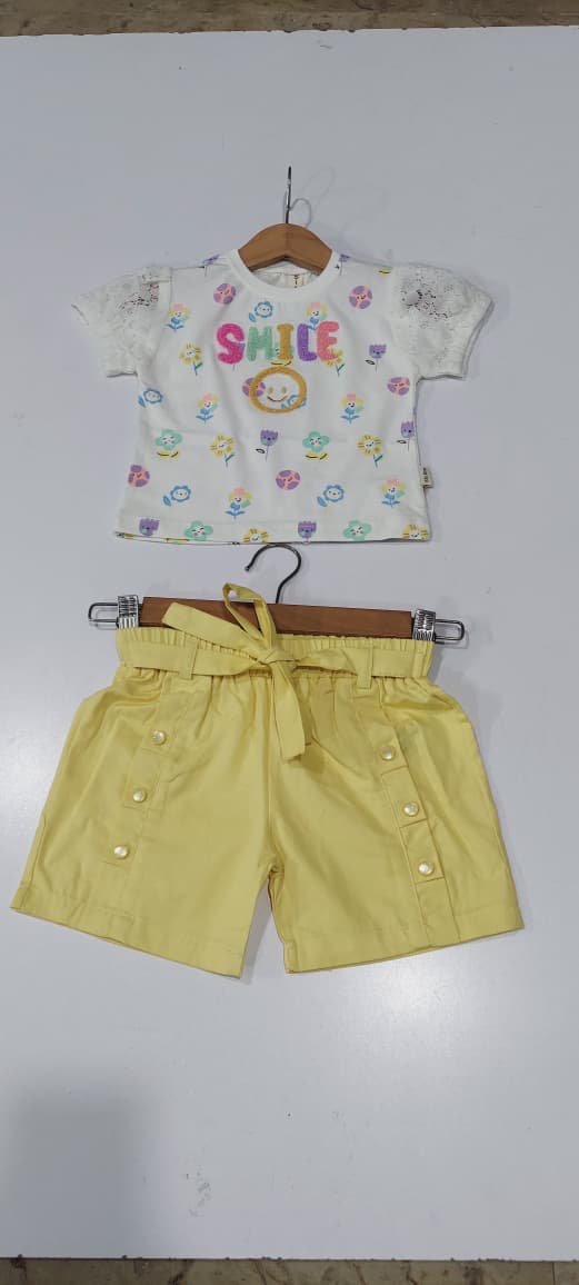 Girls SMILE Floral Print Lace Sleeve Top with Yellow Paperbag Waist Shorts Summer Set – QC10258 - QC10258
