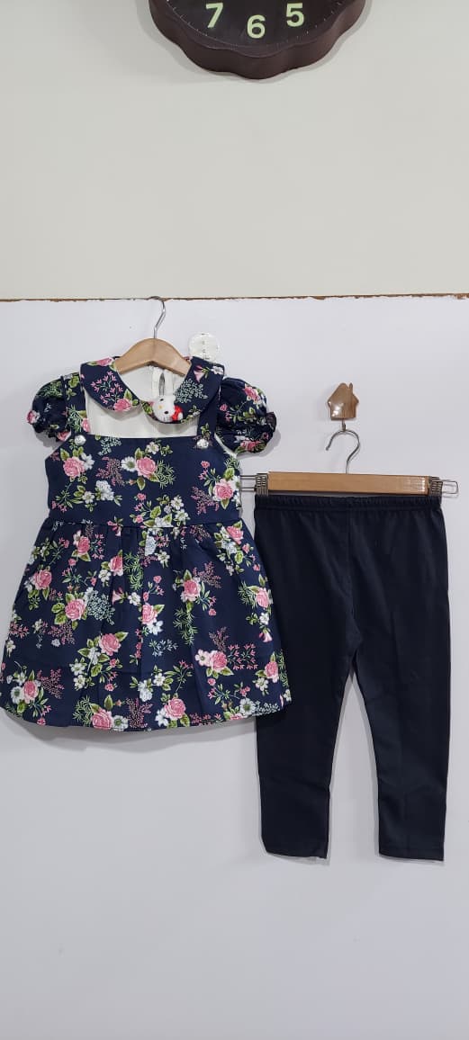 Girls Navy Floral Peter Pan Collar Dress & Leggings 3-Piece Set – QC10266 - QC10266