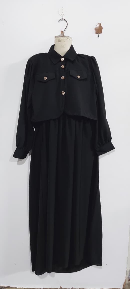 Elegant Black Soft Georgette Smocked Maxi Dress with Cropped Jacket – Women’s Modest Flowy Party Wear – QC7006 - QC7006