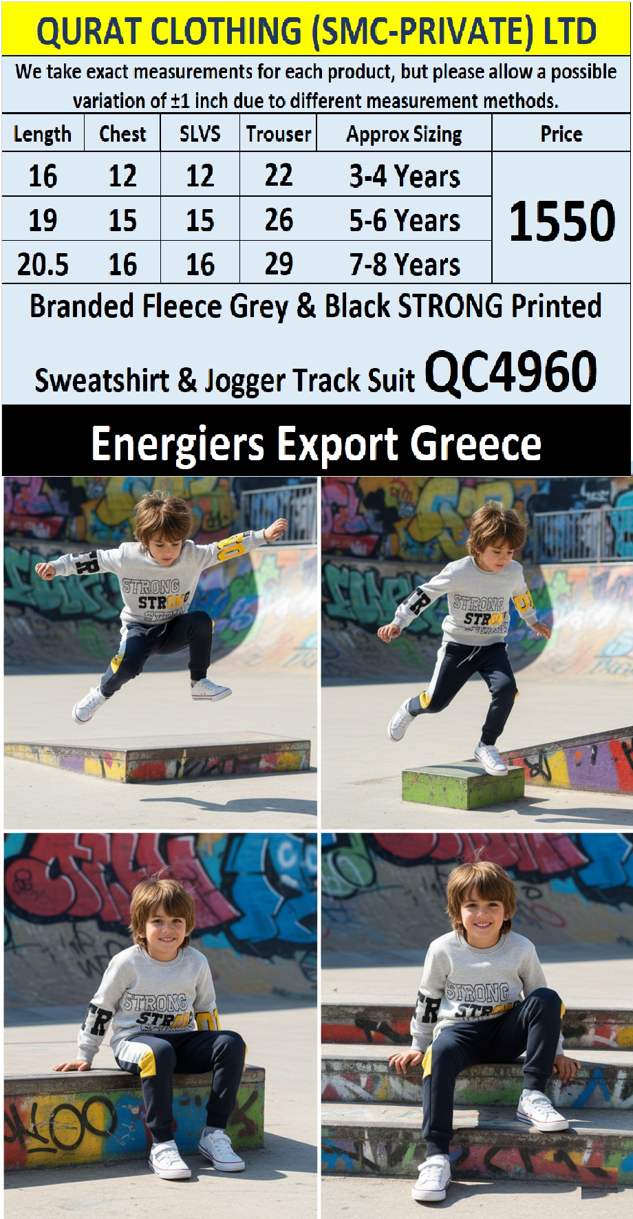 Energiers Brand Grey & Black “STRONG” Printed Fleece Sweatshirt & Jogger Track Suit QC4960 – Export Greece - QC4960