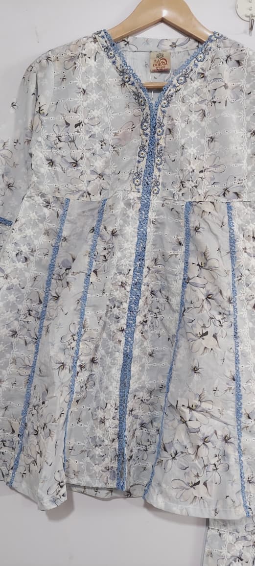 Soft Grey Floral Printed & Blue Embroidered Lawn Cotton Girls 2 Piece Suit – Elegant Collection QC10128 - QC10128