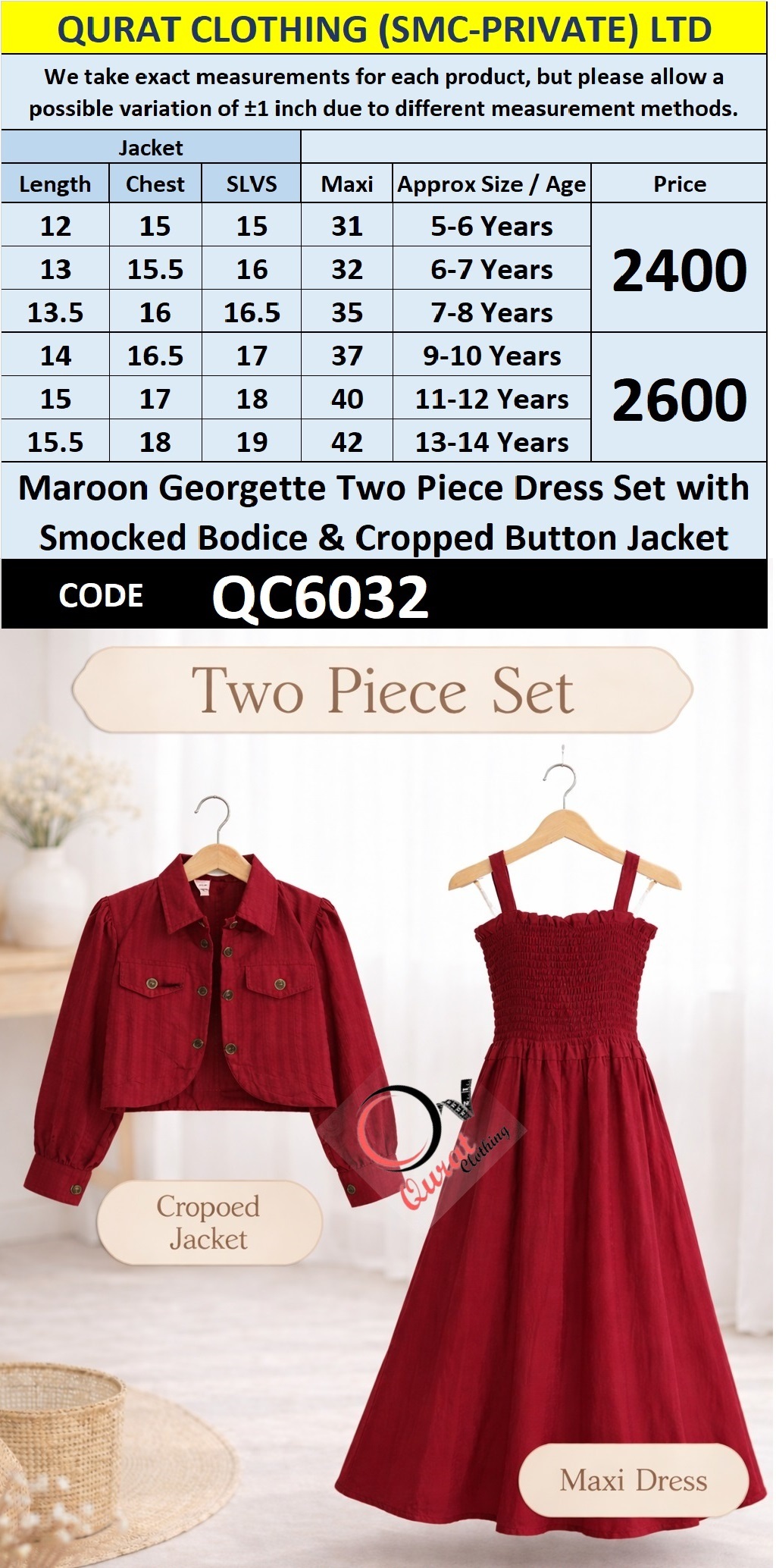 Maroon Georgette Two Piece Dress Set with Smocked Bodice & Cropped Button Jacket – QC6032 - QC6032