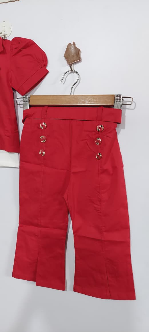 Cherry Red 3-Piece Suit – Puff Sleeve Blazer with “Queen” Brooch, “Little Lady” Top & Trousers QC7087 - QC7087