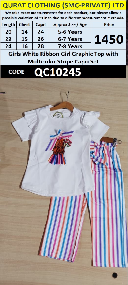 Girls White Ribbon Girl Graphic Top with Multicolor Stripe Capri Set – QC10245 - QC10245