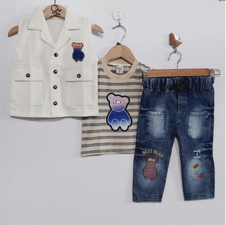 Button Vest with Striped Cotton Tee & Blue Denim BEST BEAR Patch 3 Piece Boys Suit QC7023 - QC7023