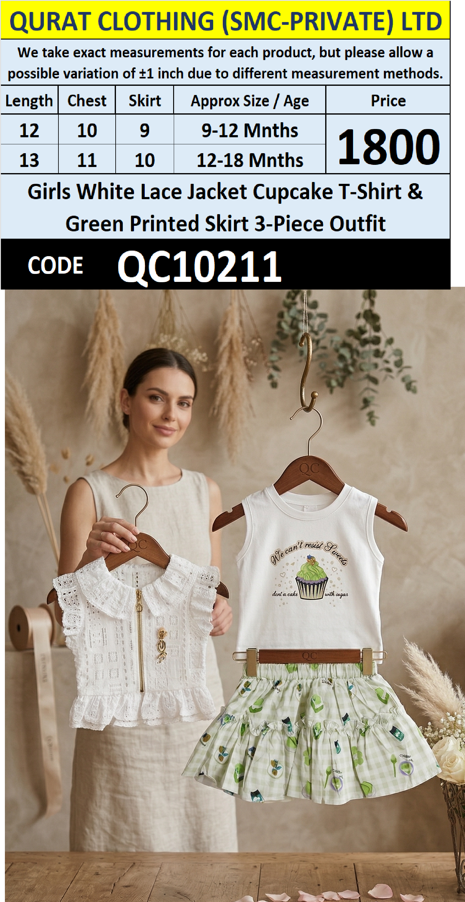 Girls White Lace Jacket Cupcake T-Shirt & Green Printed Skirt 3-Piece Outfit – QC10211 - QC10211