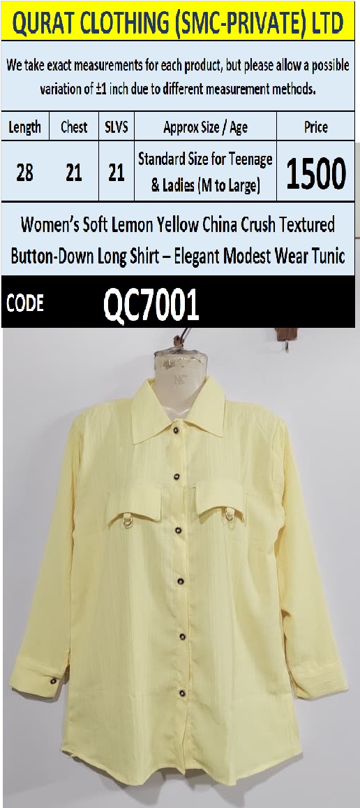 Soft Lemon Yellow China Crush Textured Button-Down Long Shirt – Elegant Modest Wear Tunic QC7001 - QC7001