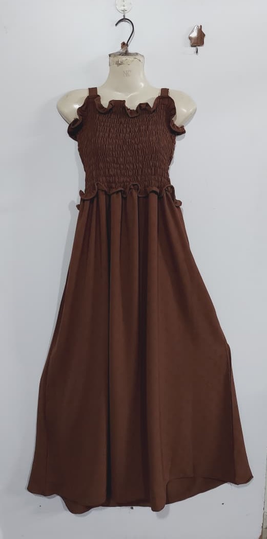 Chocolate Brown Soft Georgette Smocked Maxi Dress with Cropped Jacket – Elegant Modest Flowing Party Wear – QC7008 - QC7008