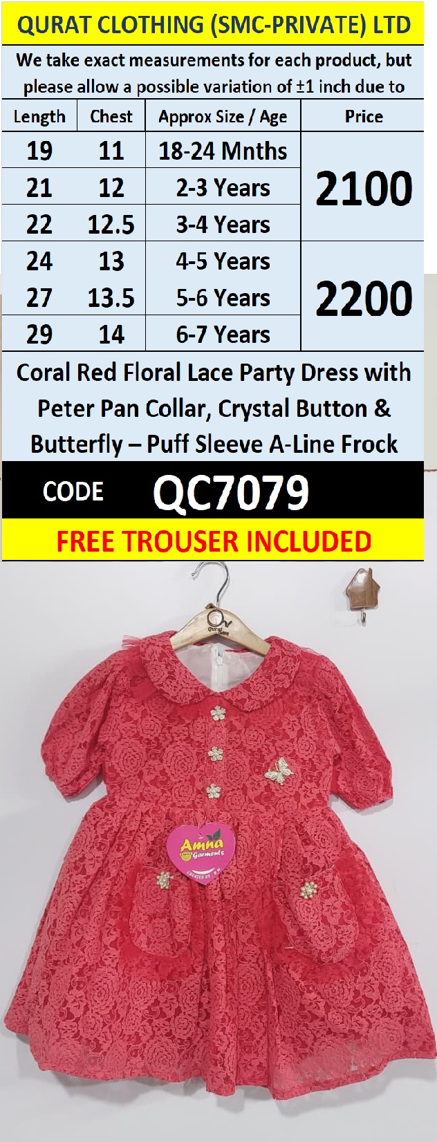 Coral Red Floral Lace Party Dress with Peter Pan Collar, Crystal Button & Butterfly – Puff Sleeve A-Line Frock QC7079 - QC7079