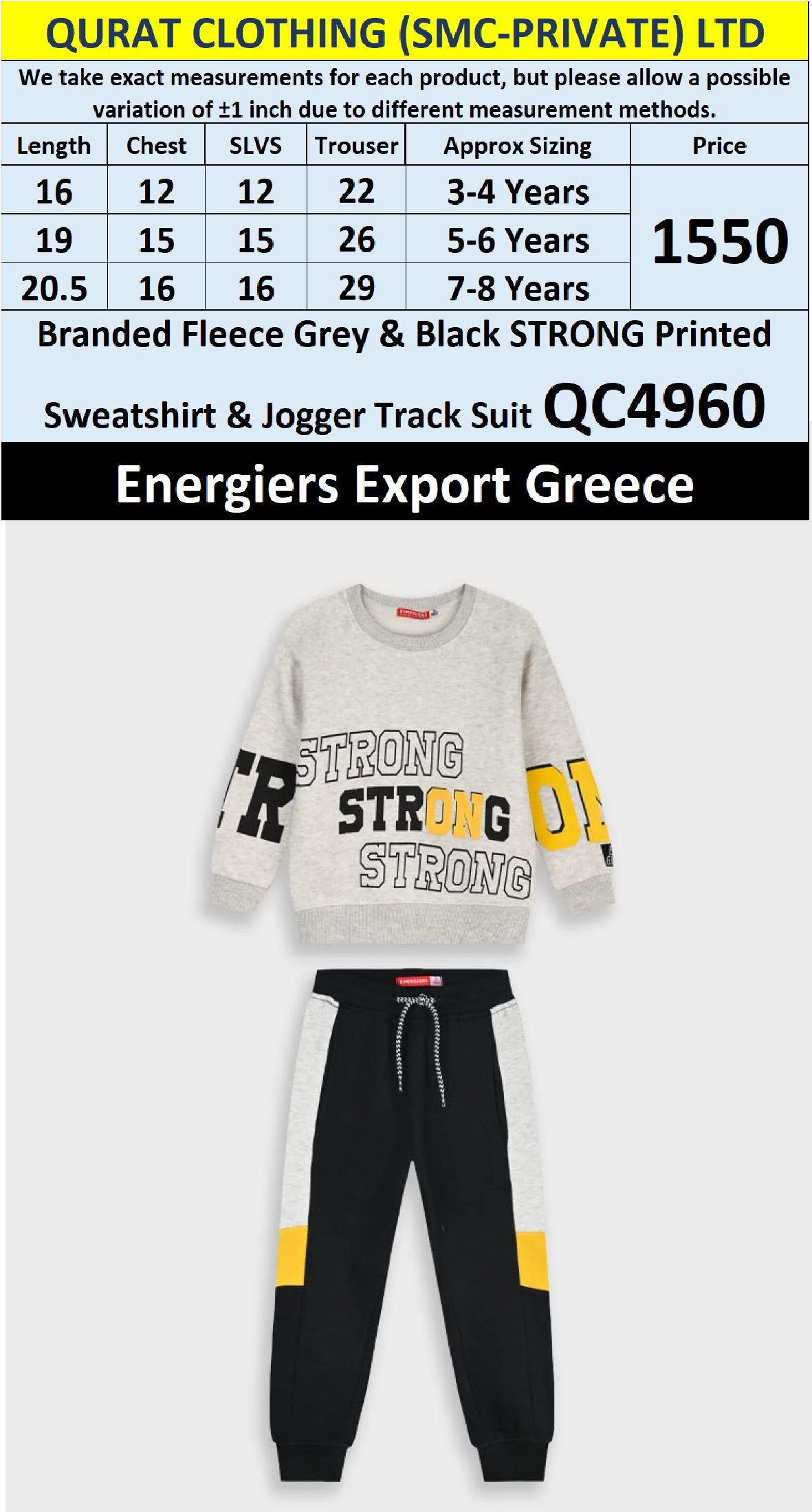 Energiers Brand Grey & Black “STRONG” Printed Fleece Sweatshirt & Jogger Track Suit QC4960 – Export Greece - QC4960