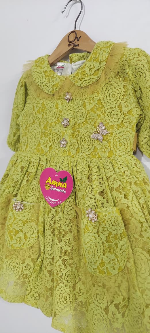 Lime Green Floral Lace Party Dress with Peter Pan Collar & Crystal Button – Puff Sleeve A-Line Frock QC7078 - QC7078