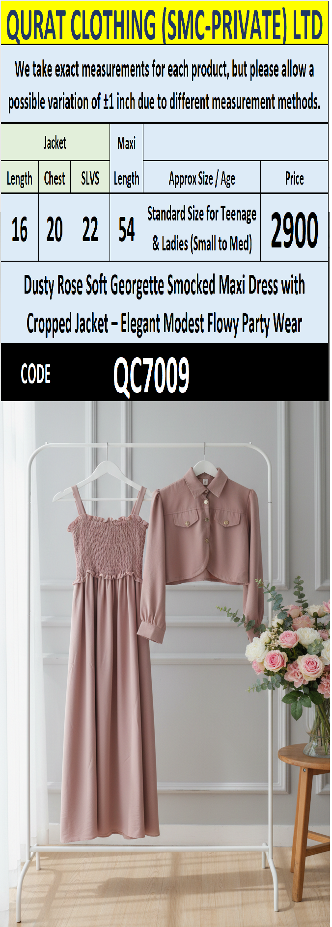 Dusty Rose Soft Georgette Smocked Maxi Dress with Cropped Jacket – Elegant Modest Flowing Party Wear – QC7009 - QC7009