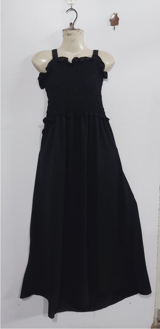 Elegant Black Soft Georgette Smocked Maxi Dress with Cropped Jacket – Women’s Modest Flowy Party Wear – QC7006 - QC7006