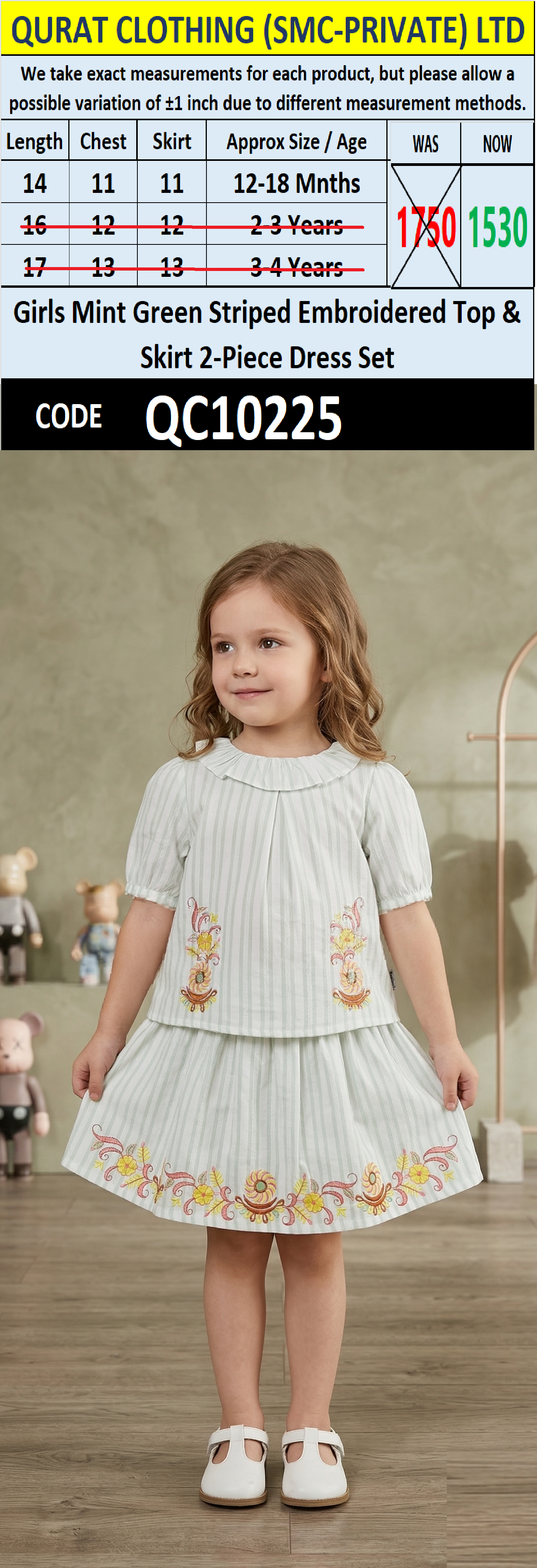 Girls Mint Green Striped Embroidered Top & Skirt 2-Piece Dress Set – QC10225 - QC10225