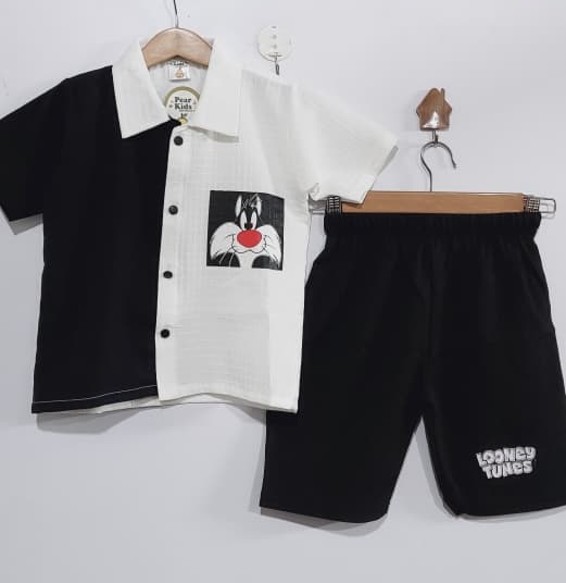 Boys Black & White Sylvester Looney Tunes Cartoon Shirt & Shorts Set – QC10277 - QC10277
