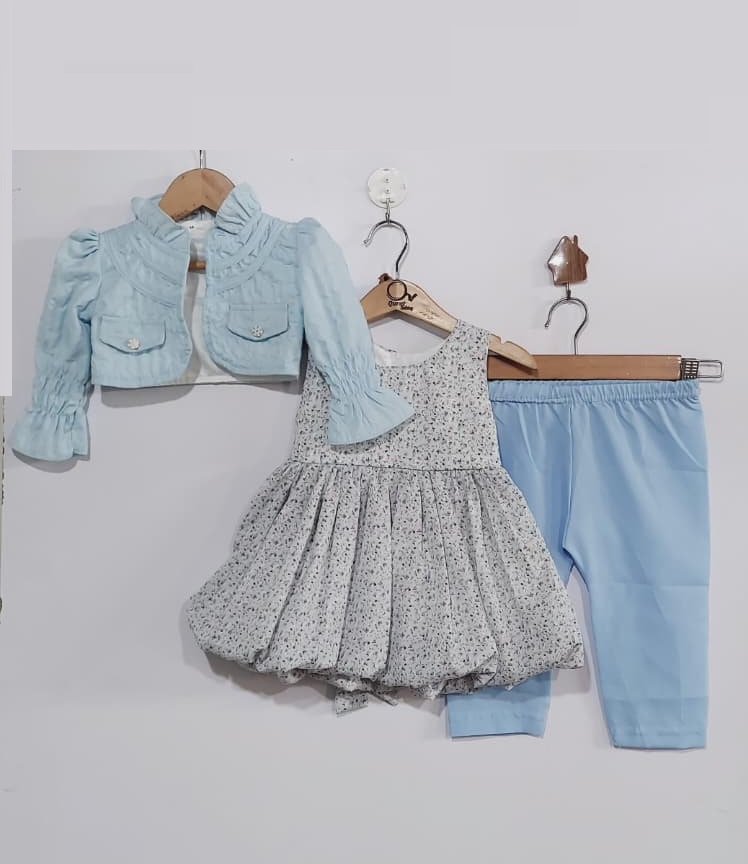 Sky Blue Floral Dress with Cropped Ruffle Jacket & Matching Trouser – Girls 3 Piece Outfit QC7070 - QC7070